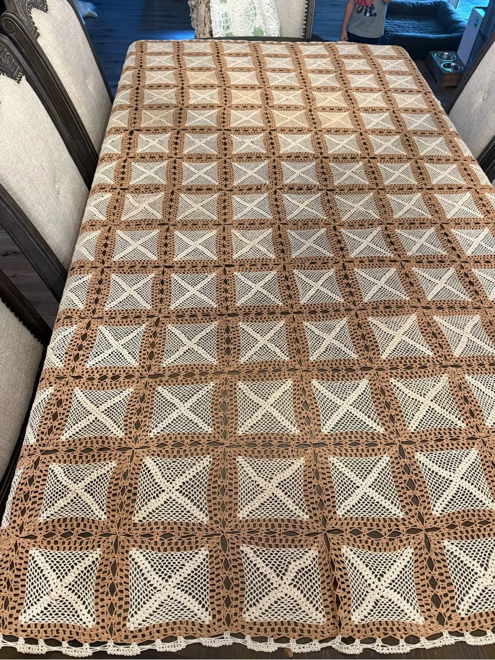 Handmade Crochet Tablecloth in Brown and Cream - Classic Square Pattern